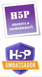 Tekstikyltti, missä lukee H5P-ohjeita ja esimerkkejä sekä osaamismerkki: H5P Ambassador.