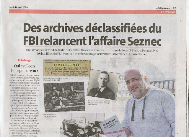 Article du Télégramme de Brest 16 avril 2020 Bertrand Vilain archives du FBI leon Turrou