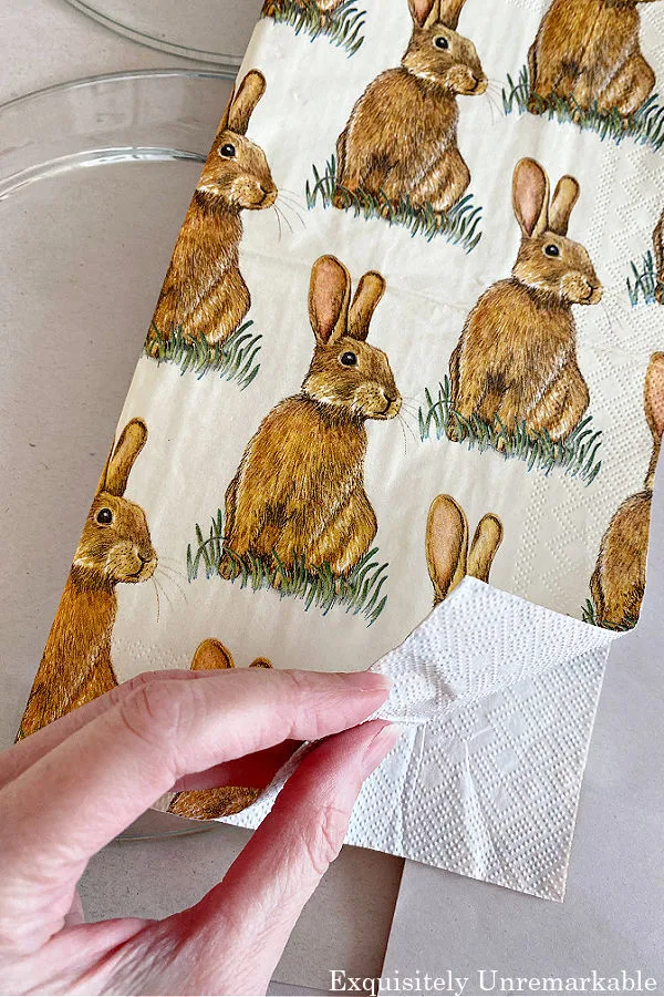 Separating Napkin Layers of Easter Bunny Decoupage Napkins