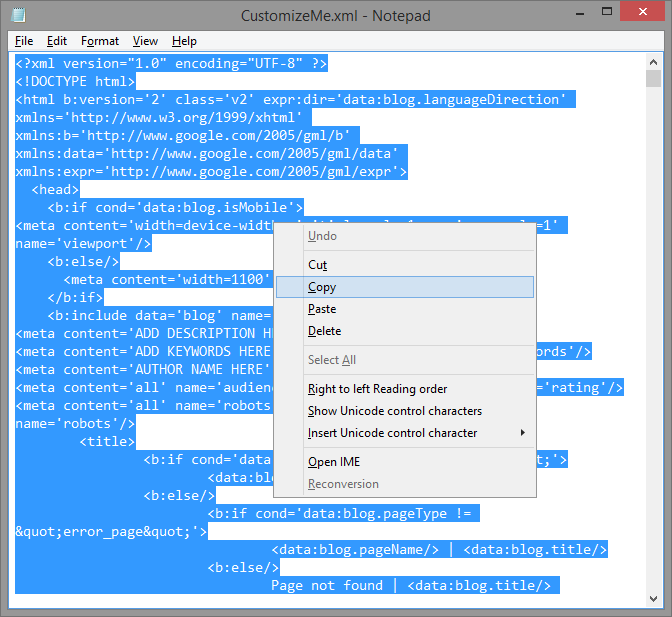 CustomizeMe Blogger Template select all code in notepad