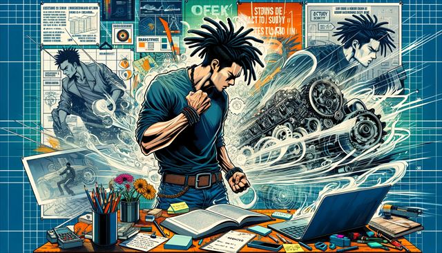 A technical art-style illustration showing a Japanese man with dreadlocks, wearing casual attire. He's depicted in a dynamic, creative workspace, indicative of his passion for action and learning. The workspace is filled with tools for creativity and productivity: a laptop, books, and sketches of manga panels from 'Investor Z'. There are visible notes and motivational quotes scattered around, showing his mindset of needing to balance study and action. The background includes an abstract representation of an engine starting, symbolizing his urge to start working after studying. The overall scene is vibrant and inspirational, blending elements of study, thought, and the urge to act.