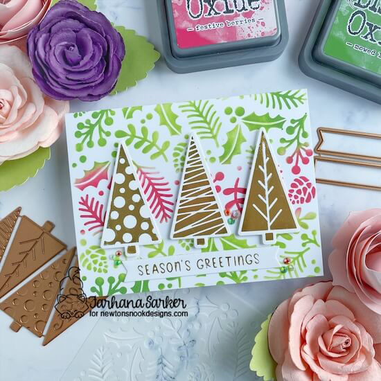 Christmas Tree Card by Farhana Parker | Christmas Trees Hot Foil Plates & Die, Holiday Greetings Hot Foil Plates and Holiday Foliage Stencil by Newton's Nook Designs