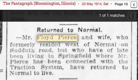 1914 Floyd Pierce and Edith Pierce return to Normal Illinois 