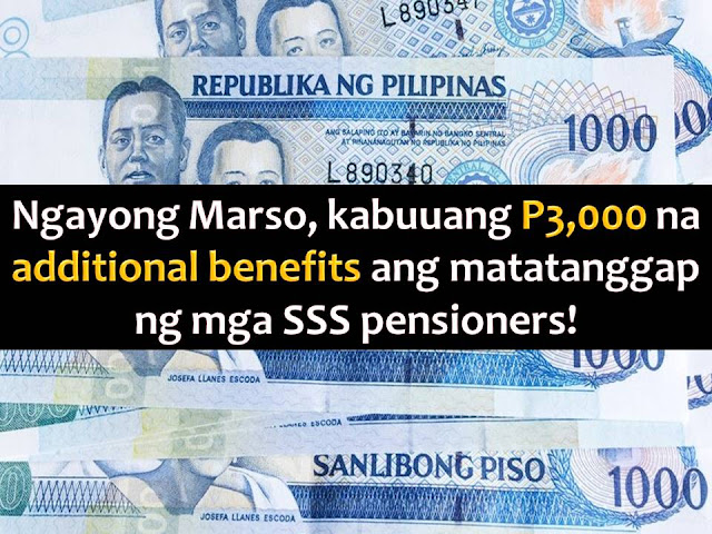 Don't you know that as a pensioner of Social Security System or SSS, you will receive a total of P3,000 in your pension this month of March?  Yes, it is. This is a retroactive payment for the month of January, February, and March.  SSS already announced that the P1,000 pension hike for the month of January is already deposited in pensioners bank account since March 3. 