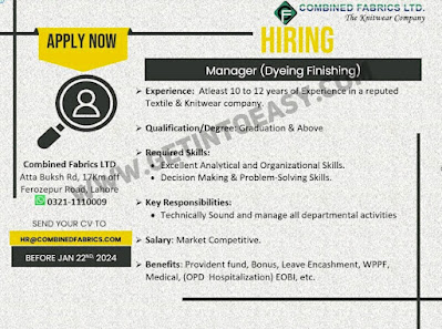 Combined Fabrics Limited Jobs 2024 For Manager & CFO Positions Latest