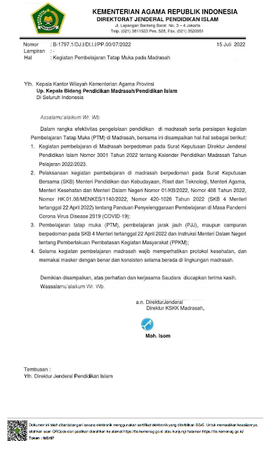 Surat Edaran PTM di Madrasah Tahun Pelajaran 2022/2023