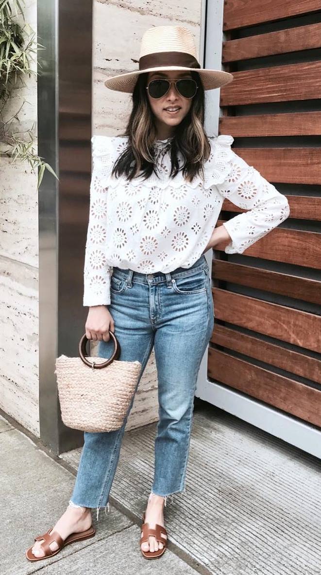 summer casual outfit / hat + white top + jeans + bag + slides