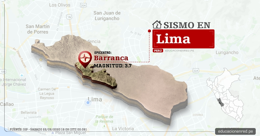 Temblor en Lima de Magnitud 3.7 (Hoy Sábado 22 Agosto 2020) Sismo - Epicentro - Barranca - Barranca - IGP - www.igp.gob.pe
