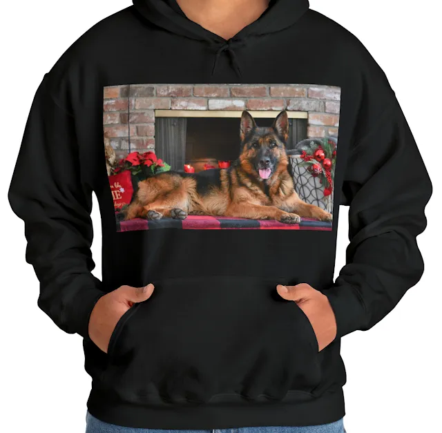 A Hoodie with Large Black and Red German Shepherd Lying IN Front of Decorated Fireplace for Christmas