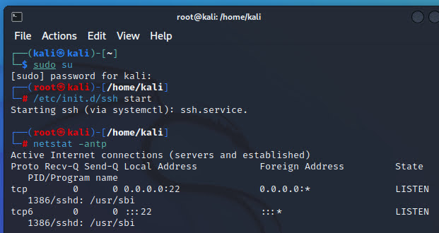 Figura 4: comandos de inicialização ssh linux