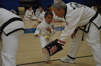 A martial arts toddler girl kicking a target with a black belt