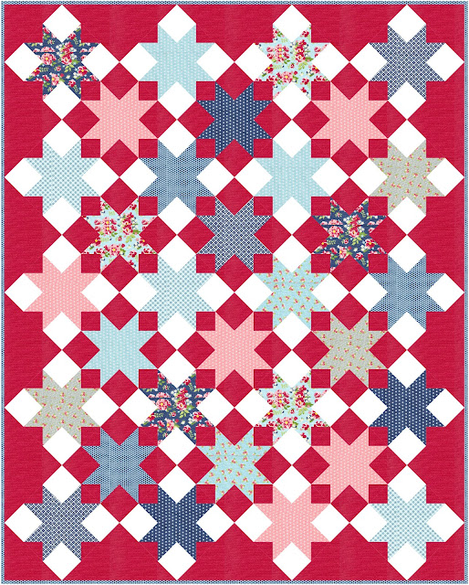 Shining Stars quilt pattern in Berry Basket fabric by April Rosenthal for Moda Fabrics