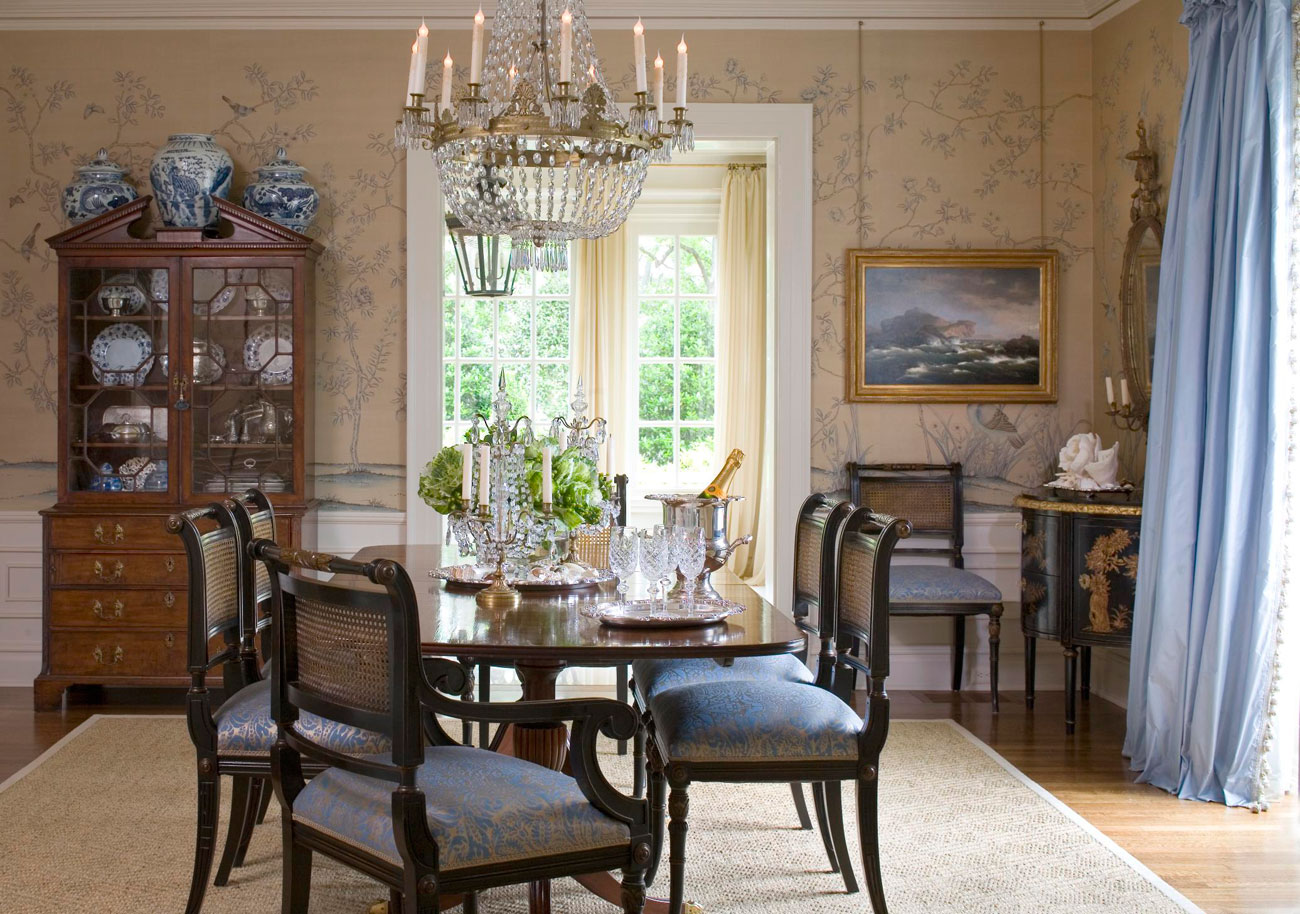his associates designed this dining room using de Gournay Wallpaper ...