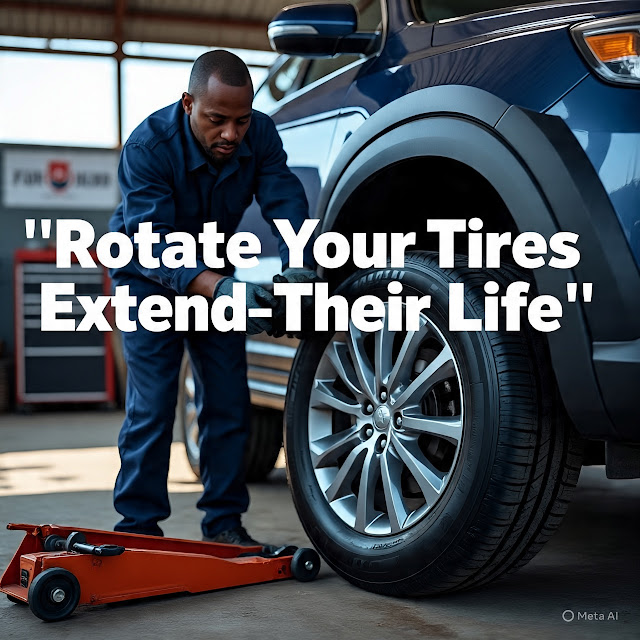 A professional mechanic in a Kenyan garage rotating SUV tires using a jack, highlighting the importance of regular tire rotation.