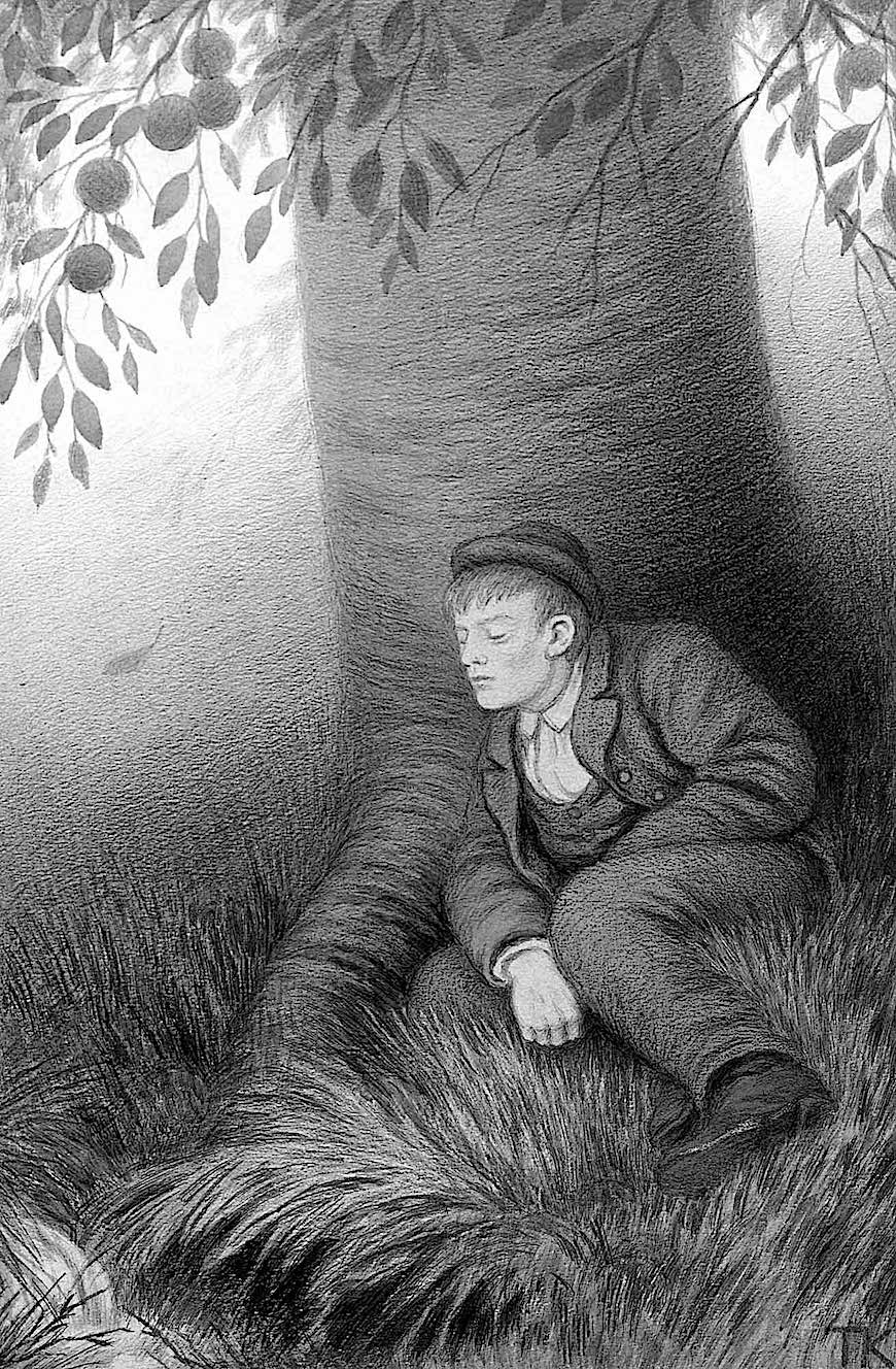 Theodor Severin Kittelsen art, a man sleeping under a tree