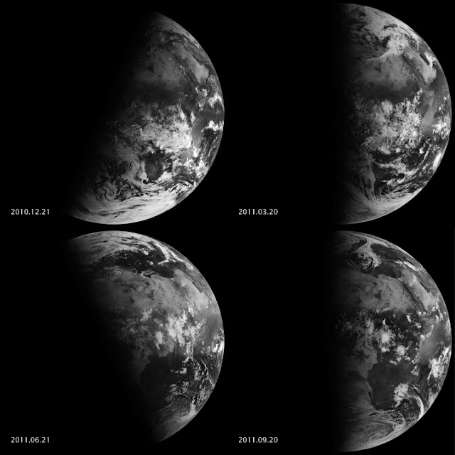 氣象衛星Meteosat-9所拍攝的2010-2011年兩分兩至時刻的地球影像。Credit:NASA