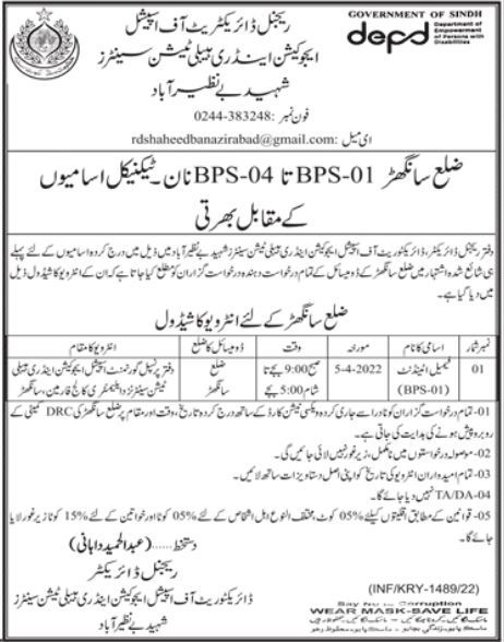 Latest Directorate of Special Education Management Posts Sanghar 2022