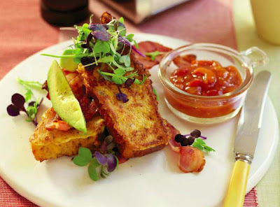 Cheesy Cornbread French Toast with beef and Avocado