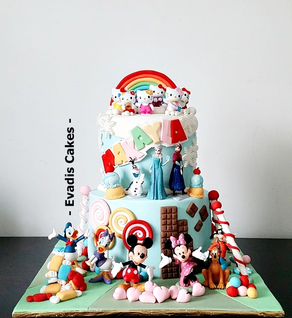 Overall view picture of candy land cake with mickey, frozen and hello kitty