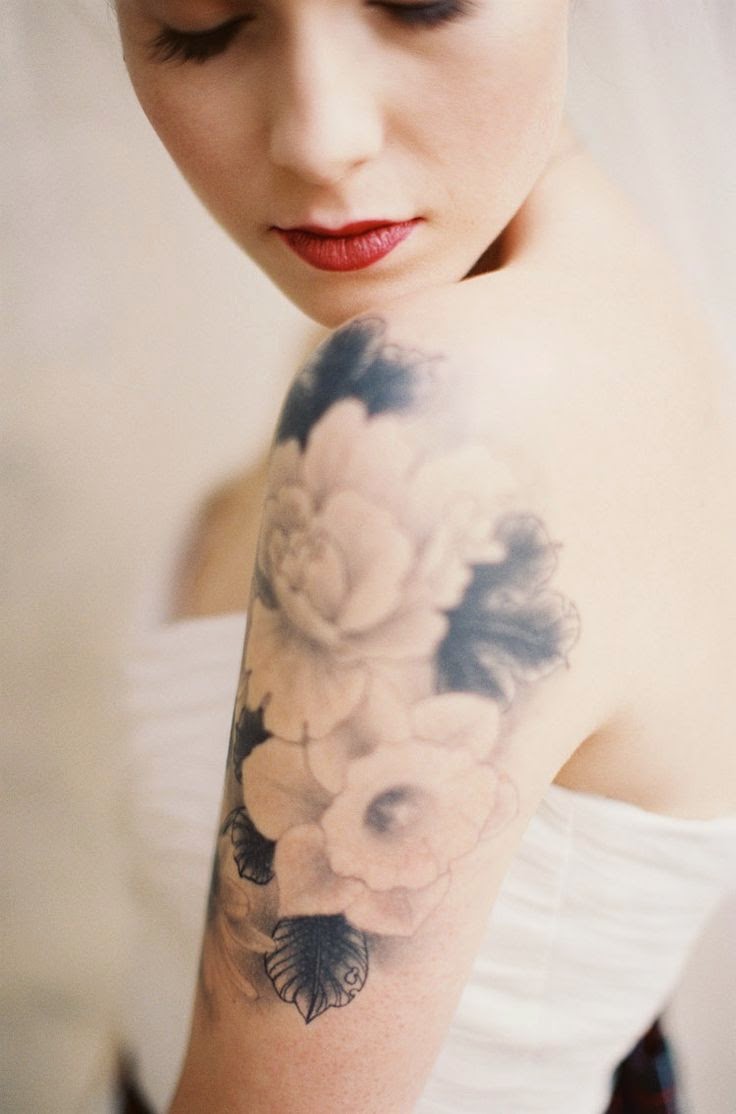 Black White Floral Design Tattoo, White Black Flower Design Women Tattoo, Floral Mix Tattoo Designs, Women Floral Design Tattoo, Women, Flower,