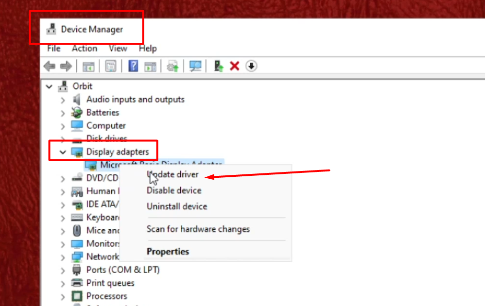 Open Device Manager and Update Display Adapters Drivers