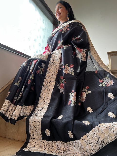 Blossoming Elegance: The Black Floral Digital Print Saree with Parsi Gara Border and Pallu