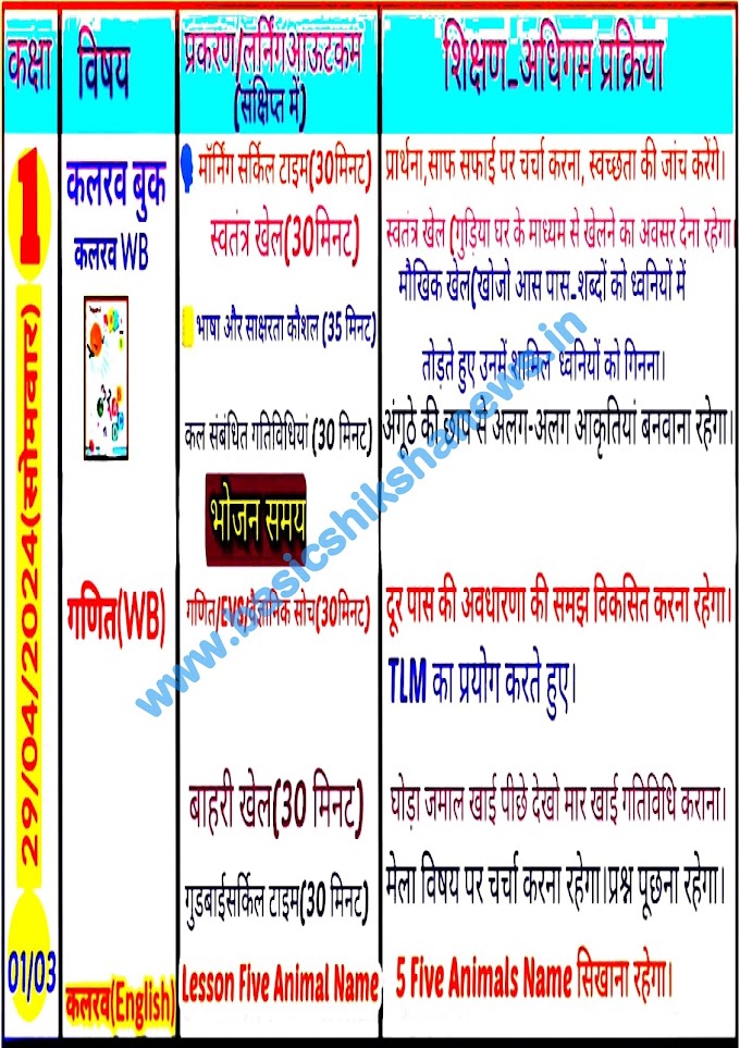 दिनांक 29 अप्रैल, 2024 कक्षा- 01, 02, 03, 04, 05 की भरी हुई शिक्षक डायरी देखने के लिए यहां क्लिक करें।