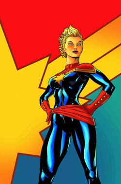 an image of Captain Marvel aka Carol Danvers with a red, yellow, blue background.