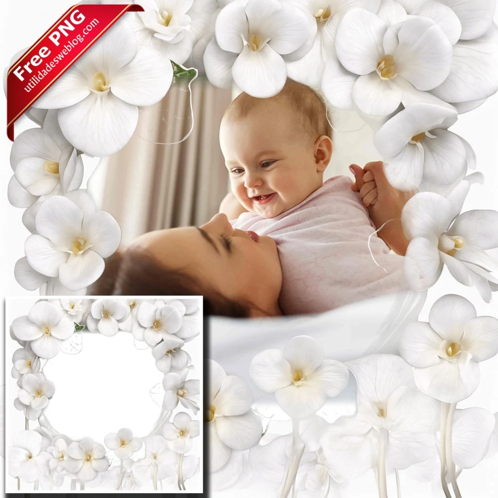 marco para fotos con flores blancas en png con fondo transparente para descargar gratis