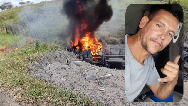 Carreta com motorista da Itamar Ferragens tomba e pega fogo e condutor morre carbonizado