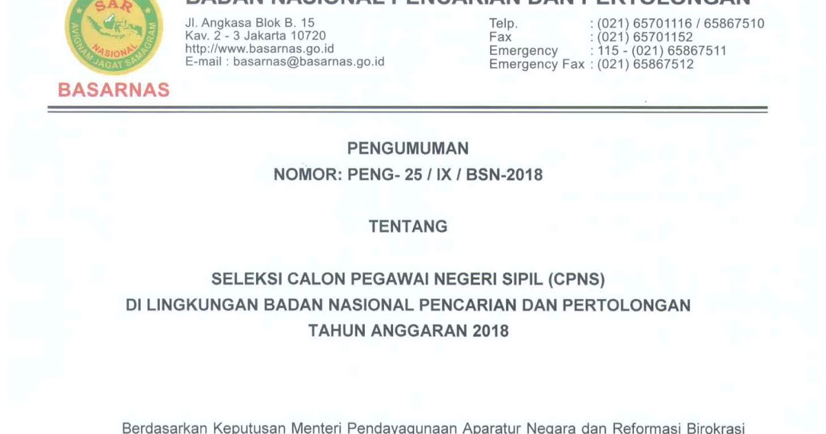 Lowongan Kerja Rekrutmen CPNS BASARNAS  2018 [176 Formasi]  April 2024