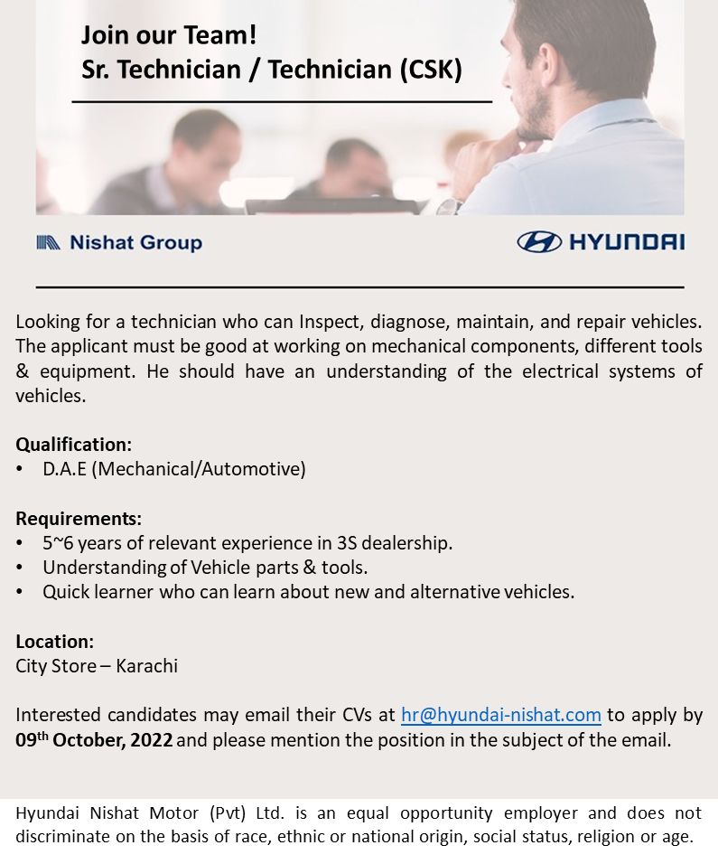 Hyundai Pakistan Jobs For Technician