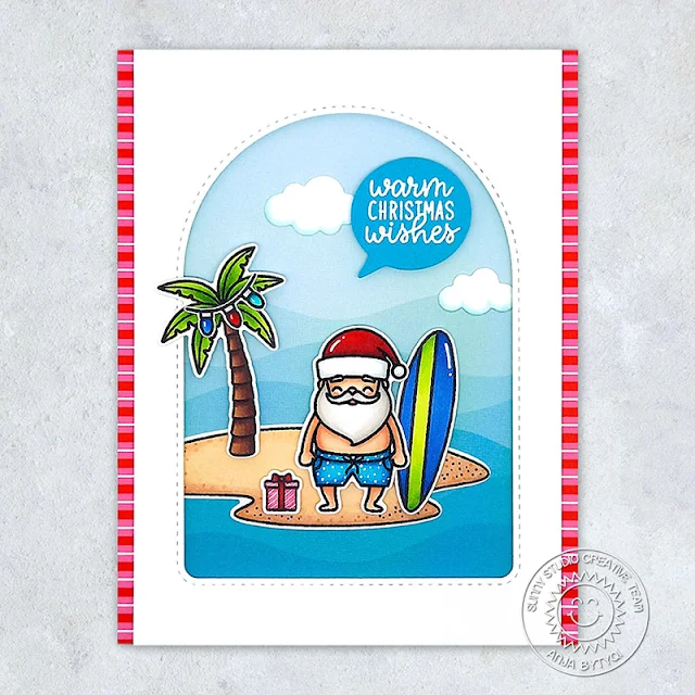 Sunny Studio Stamps: Surfing Santa Stitched Arch Dies Tropical Scenes Tropical Themed Christmas Card by Anja Bytyqi