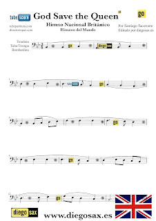 Partitura del Himno Nacional del Reino Unido para Trombón, Tuba Elicón y Bombardino God Save the Queen British National Anthem Sheets Music Trombone, Tube Euphonium Music Scores Partitura Himno Británico