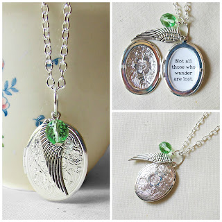 image lord of the rings locket charm necklace quote typography literature not all those who wander are lost beaded wing charm green czech glass bead two cheeky monkeys jewellery jewelry