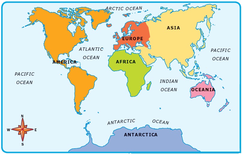 World Map Showing 7 Continents And 5 Oceans