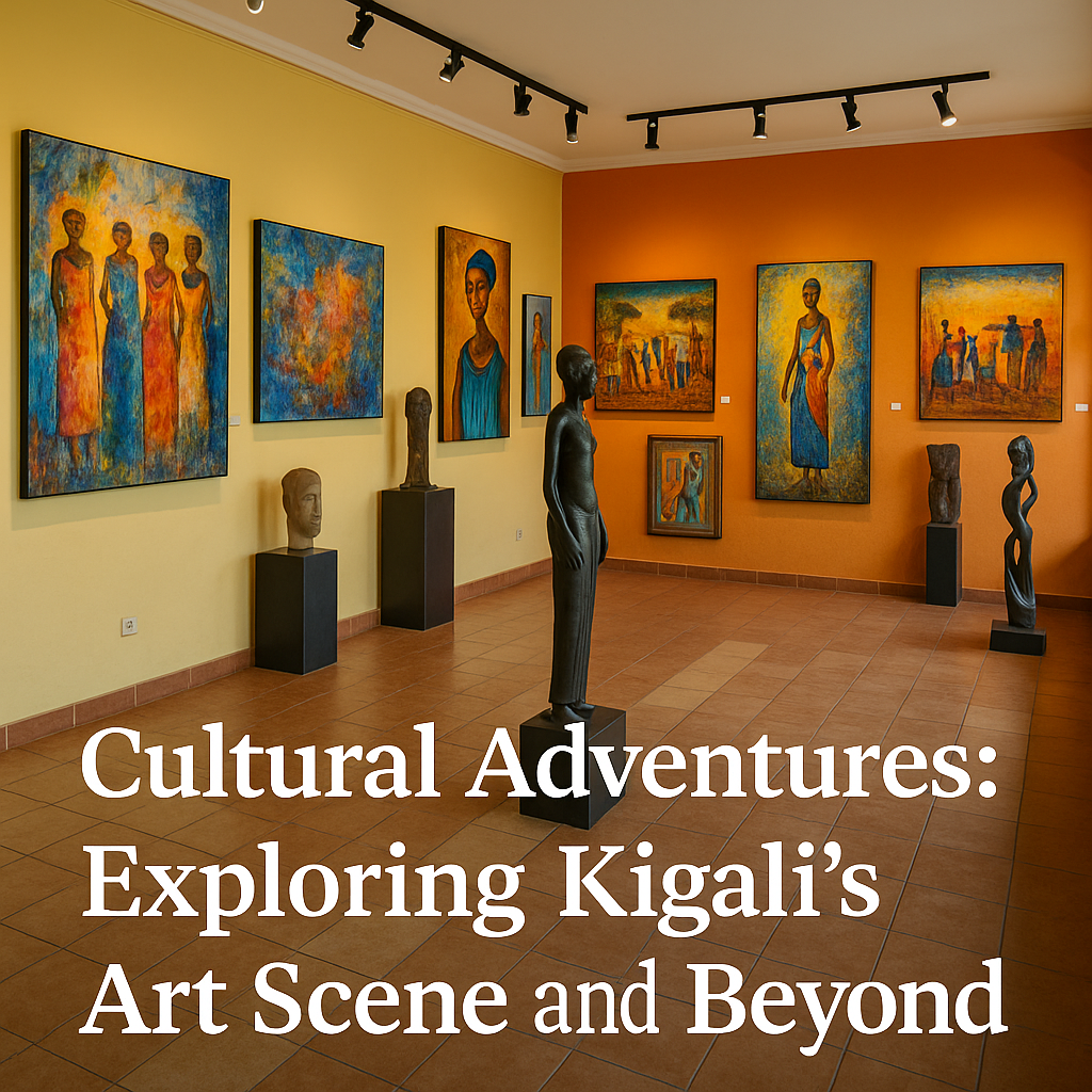 Colorful paintings and sculptures displayed in a vibrant Kigali art gallery, showcasing the rich cultural heritage and creativity of Rwandan artists.