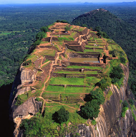 Aerial view photo, Sigiriya rock plateau, Lion Rock, Sri Lanka, ancient fortress, palace ruin