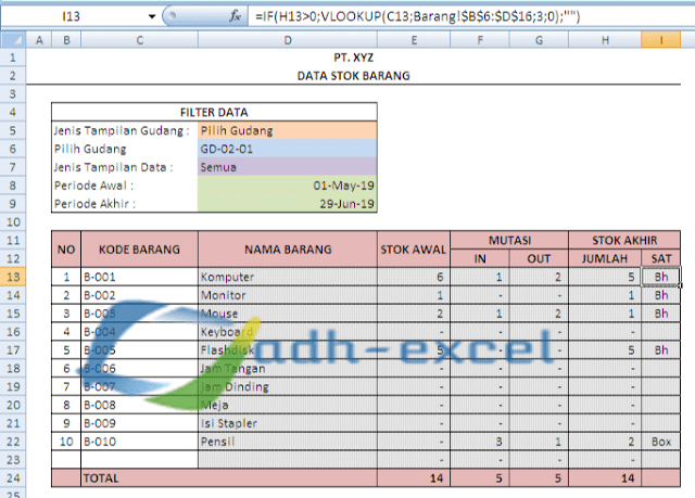 rumus excel untuk menghitung stok barang