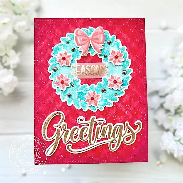 Sunny Studio Stamps: Winter Wreaths Holiday Card by Gladys Marcelino (featuring Season's Greetings)