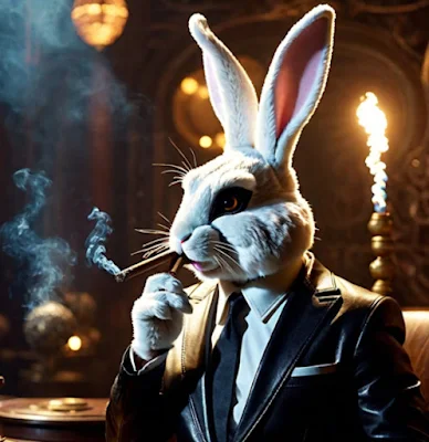 Easter Bunny smoking cigar wearing black leather blazer