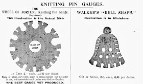 Vintage knitting needle gauges, 1910s; bell gauge, Wheel of Fortune gauge 