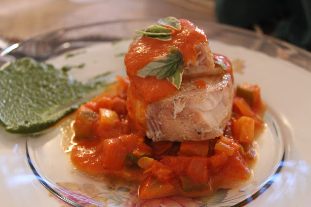 Wood-roasted swordfish with early summer ratatouille and salsa verde