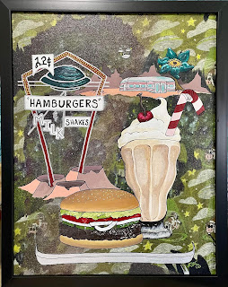 A painting by Rachael Sitzman. It looks like an advertisement for a burger joint from the 50s, but with a space alien theme.