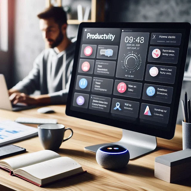 A modern home office with a person working at a desk, interacting with a smart assistant displaying reminders and tasks, enhancing productivity with AI technology