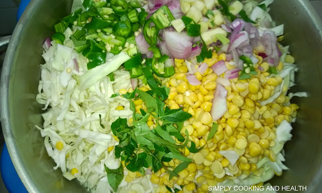 Cabbage, onion, green chili, garlic, ginger, curry leaves and chick pea 
