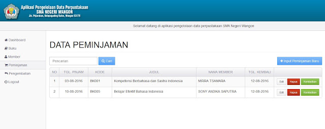 Halaman Data Peminjaman Buku (Backend)