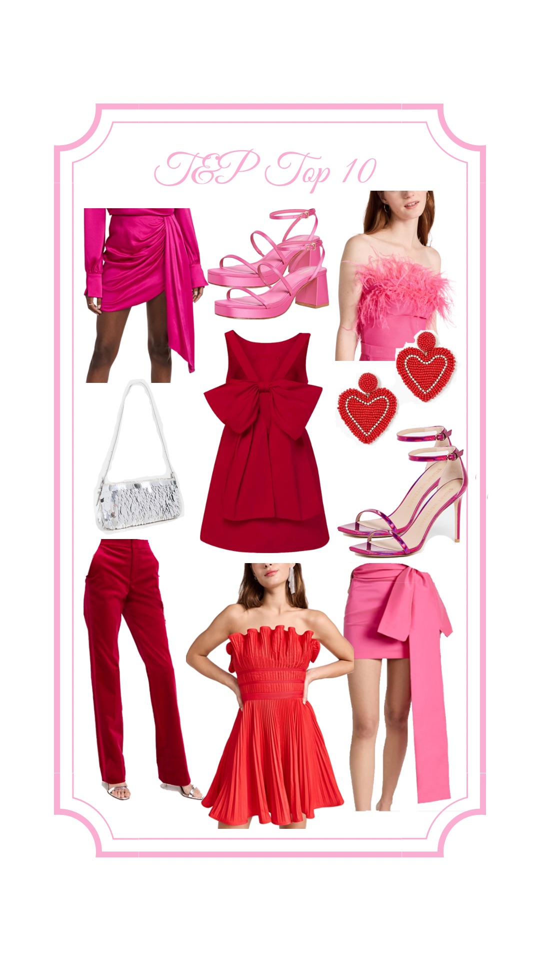 Valentine's Day, Galentine's Day, Pink Skirts, Feathers, Red Dresses, Heart Accessories, pink heels, silver sequin bag, feathers