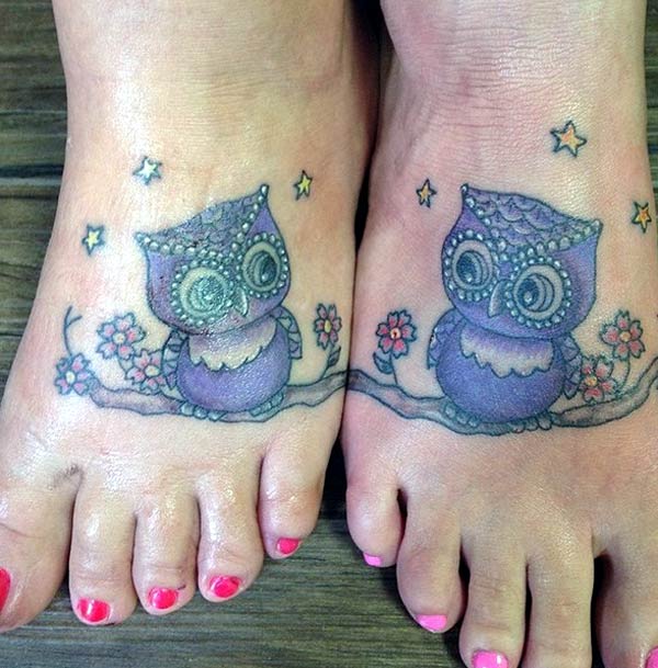 Two owls sitting on the branch looking at each other that is so cute and stunning best friend tattoo