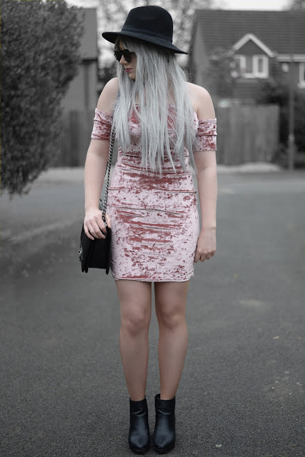 Sammi Jackson - Black Primark Fedora, Zaful Sunglasses, Missguided Pink Crushed Velvet Bardot Dress, Oasap Quilted Bag, Topshop Alexy Ankle Boots